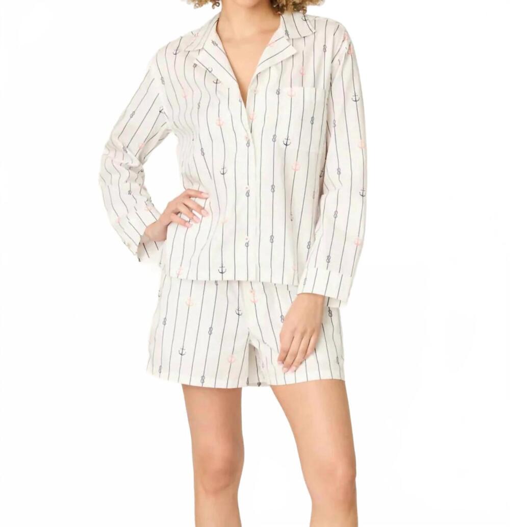 NEW PJ SALVAGE women's afterparty poplin sailor pj set in white